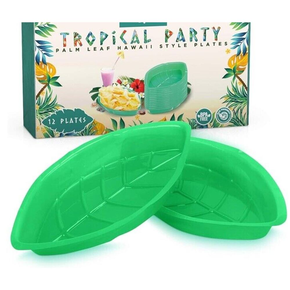 Palm Leaf Hawaiian Tropical Party Serving Trays (12) Plastic Food Snack‎ Holder